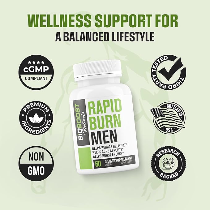 Rapid Fat Burner MEN | 7 Powerful Ingredients for Male Fat Loss, Appetite Suppressant + Carb Blocker | Lose Belly Fat, Increase Energy, Size, Stamina & Sustain Muscle Mass - 60 Capsules for Men