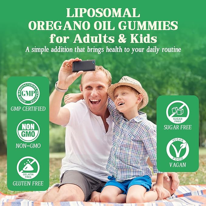 Liposomal Oregano Oil Gummies, Organic Chewable Oil of Oregano with Black Seed Oil for Kids & Adults, Immune System & Gut Health, Natural Pineapple Flavor, 60 Count