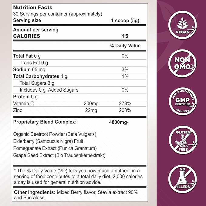 Gade Nutriition Hero Beets - Organic Beet Root Powder - Non-GMO Superfood Supplement - with Elderberry, Pomegranate, Grape Seed - Natural Berry Flavor, 30 Servings