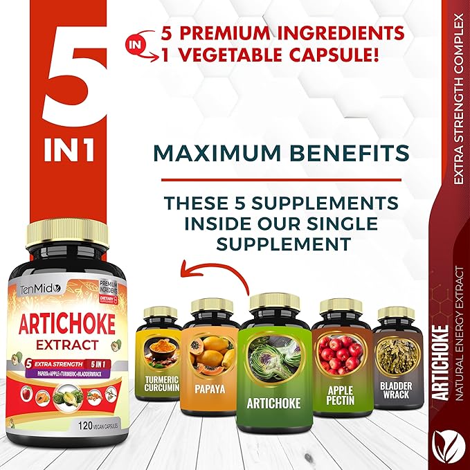 Artichoke Supplement Extract Capsules, 4 Months Supply with Papaya, Apple Pectin, Turmeric Curcumin, Bladderwrack - Supports Digestion Function - 120 Vegan Capsules
