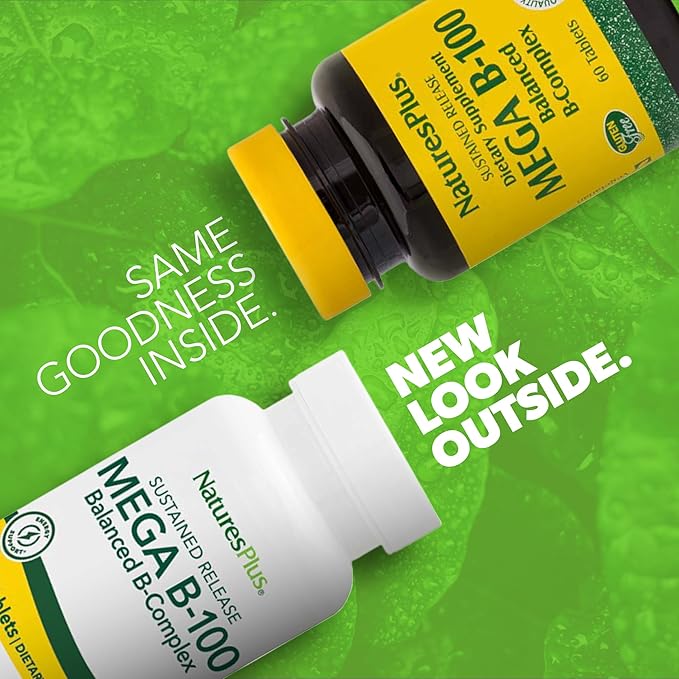 NaturesPlus Mega B-100 Complex - 60 Sustained Release Tablets - Balanced B Complex - Energy Support - Vegetarian, Gluten Free - 60 Servings