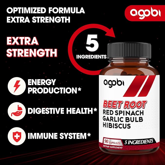 agobi 5in1 Beet Root Capsules - Added with Red Spinach, Organic Garlic Bulb, Hibiscus & Black Pepper - Support for Energy Production, Immune System & Digestive Health - 90 Vegan Capsules