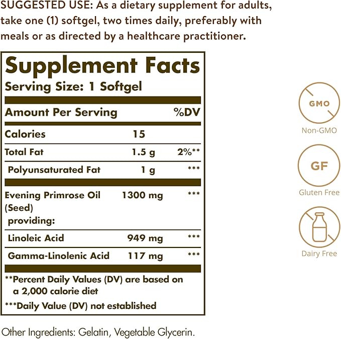 Solgar Evening Primrose Oil 1300 mg, 60 Softgels - Promotes Healthy Skin & Cardiovascular Health - Nutritional Support for Women - Non-GMO, Gluten Free, Dairy Free - 60 Servings