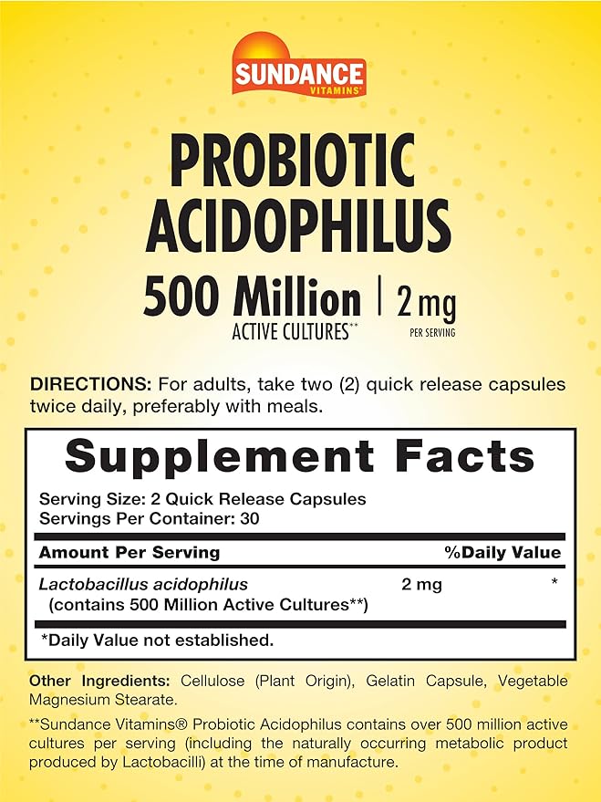 Sundance Probiotic Acidophilus | 500 Million Active Cultures | 60 Quick Release Capsules | Non-GMO, Gluten Free Supplement
