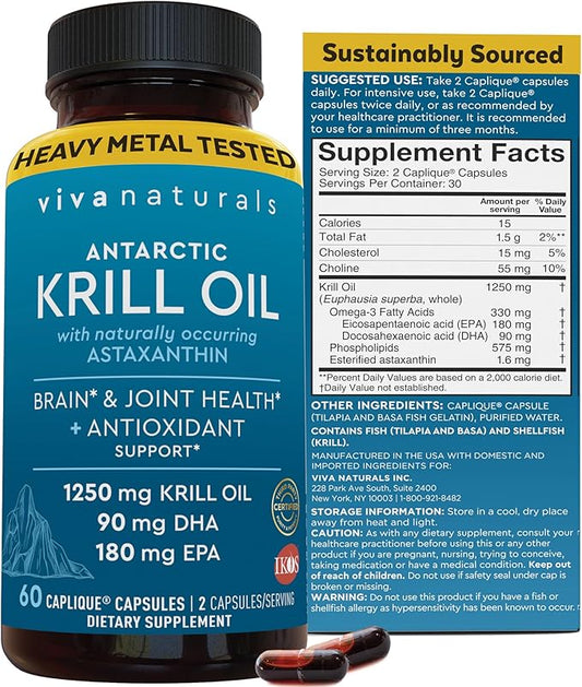 Viva Naturals Antarctic Krill Oil Omega 3 Supplements 1250 mg - DHA EPA Omega-3 & Astaxanthin Concentration for Joint Health, No Fish Burp - 60 Omega 3 Krill Oil Capsules