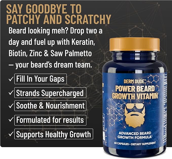 Derm Dude Power Beard Growth Vitamins for Men | With Biotin 10K MCG, Zinc B12 Saw Palmetto & Keratin for Healthier Thicker Fuller & Stronger Facial Hair | Restore Hair Breakage & Thinning, 60 Capsules