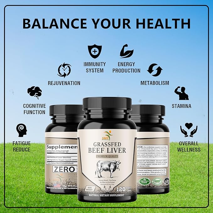 Grass Fed Desiccated Beef Liver Capsules (120 Pills, 500mg Each) - Natural Iron, Vitamin A, B12 for Energy - Humanely Pasture Raised Undefatted Without Hormones or Chemicals
