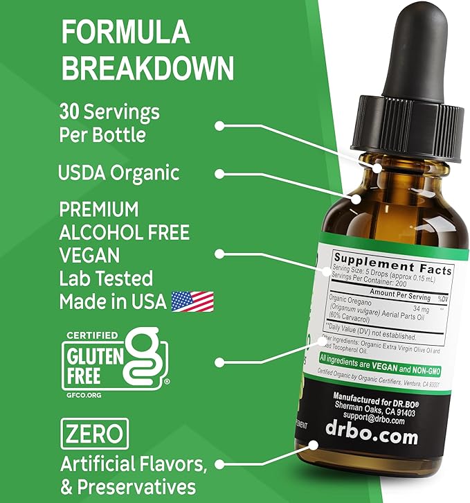 Oregano Oil Organic Liquid Drops - 6 Month Supply Oil of Oregano Drops Tincture Extract, Cleanse, Detox, Immune Support, Digestive Gut Health - Pure Vegan Non-GMO Herbal Organic Oregano Oil Drops 1 oz