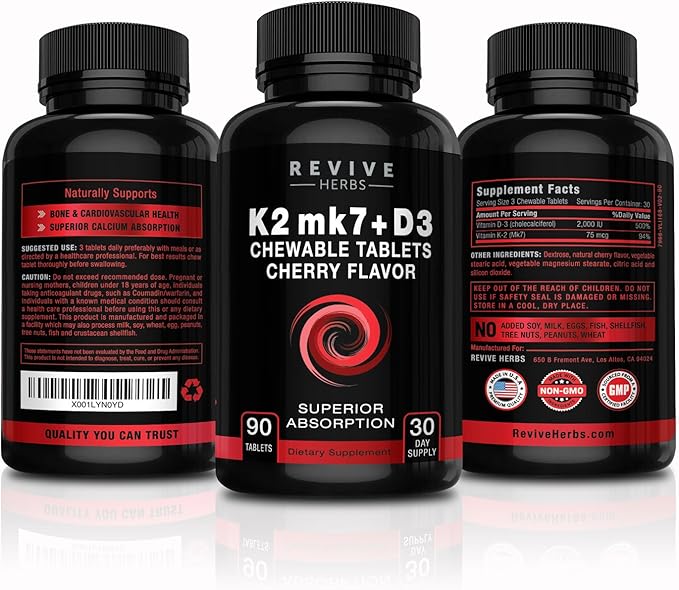 Vitamin K2 D3 - Cherry Flavored Chewable Tablets for Superior Calcium Absorption - Supports Bone & Cardiovascular Health - Serving Size K2 mk7 225 mcg, D3 6000 IU - Vitamin D3 K2