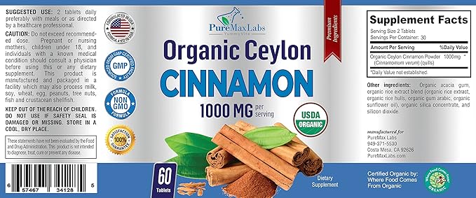 Organic Ceylon Cinnamon - 1000mg per Serving, Certified Organic True Cinnamon Supplement, antioxidant, Fast Absorption - 60 Tablets