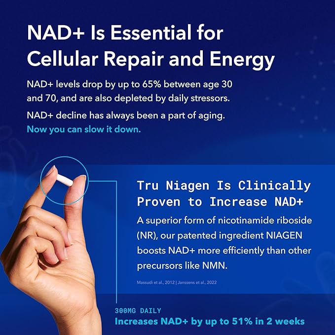 TRU NIAGEN - Patented Nicotinamide Riboside NAD+ Supplement. NR Supports Cellular Energy Metabolism & Repair, Vitality, Healthy Aging of Heart, Brain & Muscle - 60 Servings / 120 Capsules