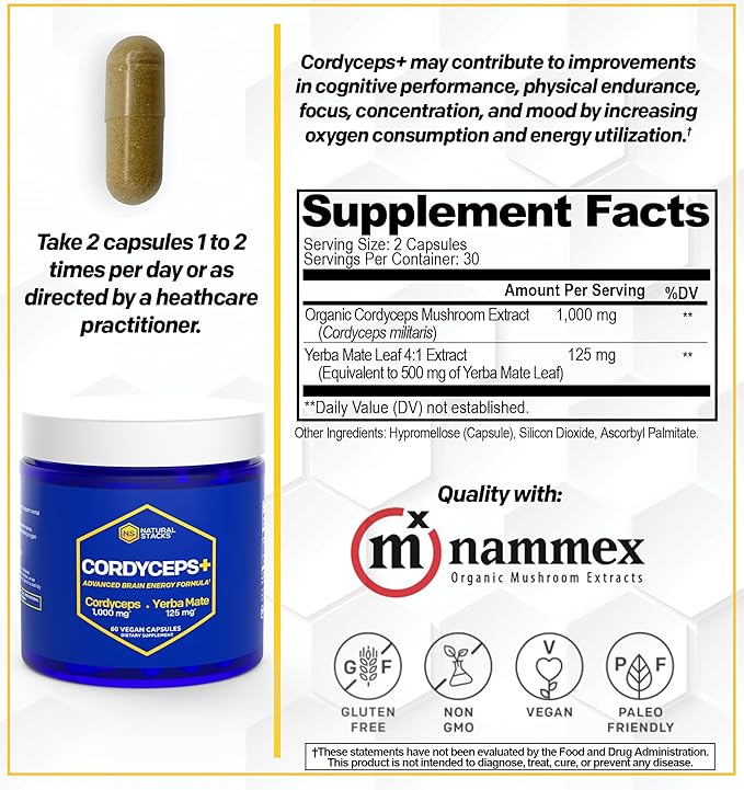 NATURAL STACKS CORDYCEPS + Lions Mane Mushroom Supplement Bundle - Supports Brain Energy and Memory* - 120 Mushroom Capsules