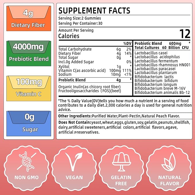 Probiotics + Prebiotics Fiber Gummies for Adults, 60 Billion CFU, 4g Prebiotic Per Serving, Promotes Intestinal Health & Enhances Immune System, Sugar Free, 60 Gummies