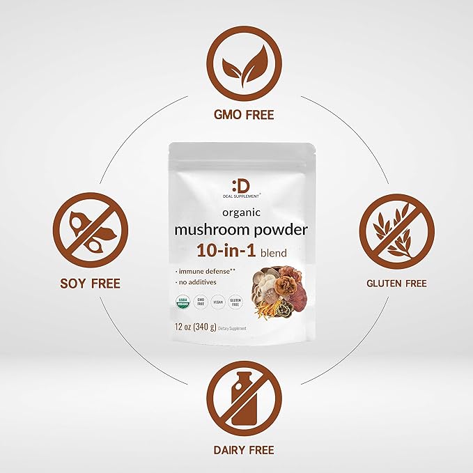 DEAL SUPPLEMENT Organic Mushroom Powder Supplement, 12oz – 10 in 1 Active Blend – Shiitake, Lions Mane, Cordyceps, Chaga, with More –Supports Immune, Energy, & Brain Health – Non-GMO, Vegan