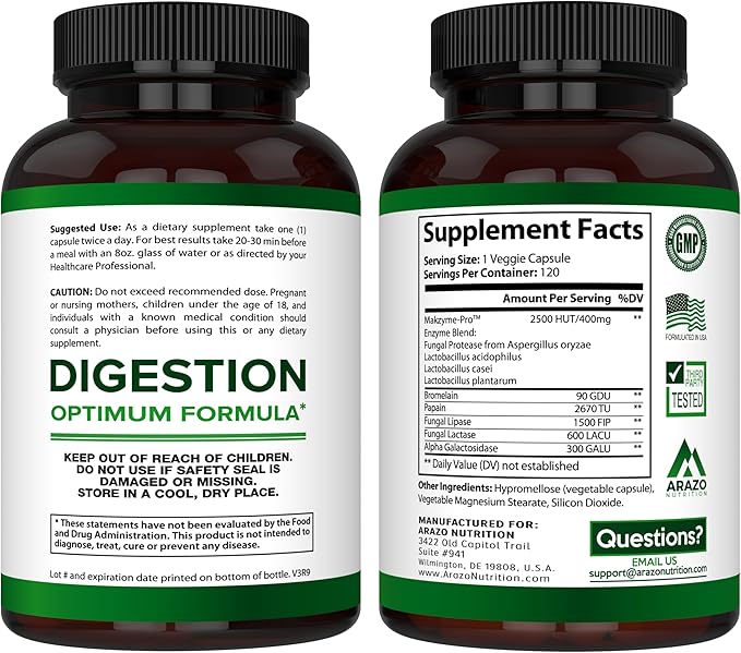 Digestive Enzymes with Probiotics - Multi Enzyme Nutritional Supplement - Acidophilus Bromelain Papaya Papain Lipase & Lactase - Improve Digestion - 120 Pills - Arazo Nutrition