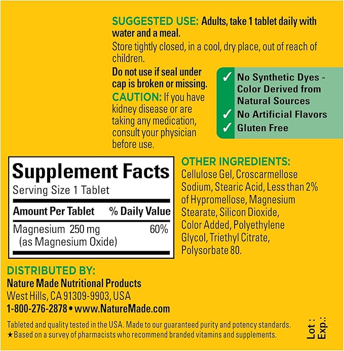 Nature Made Magnesium Oxide 250 mg, Magnesium Supplement for Muscle, Heart, Bone and Nerve Health Support, 100 Tablets, 100 Day Supply