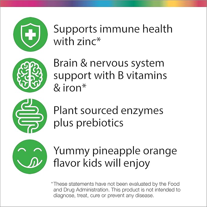 Rainbow Light Multivitamins for Kids, Vitamin B, Zinc & Iron, Prebiotics, Nutri Stars Provides Brain & Nervous System Support, Pineapple Orange, 120 Chewable Tablets