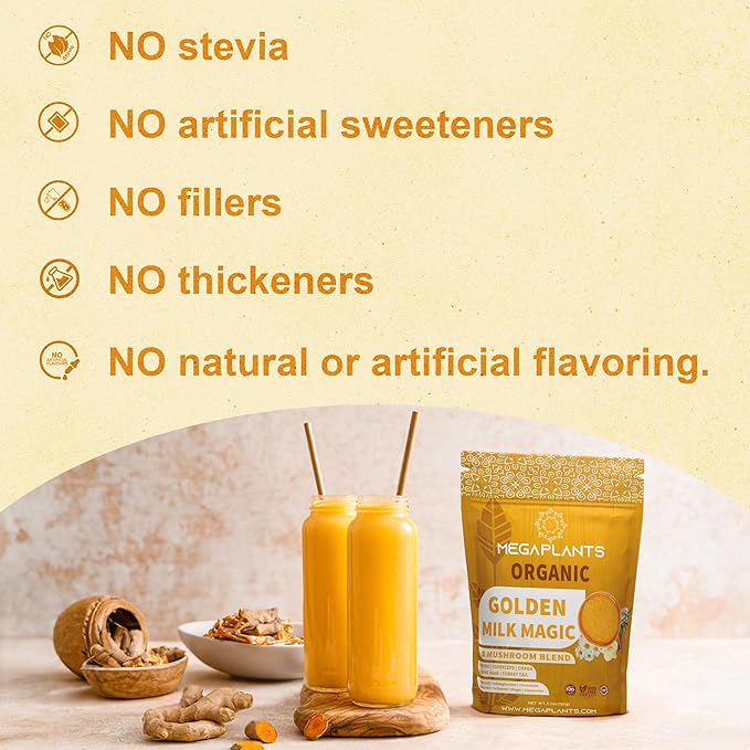 Golden Milk Magic (50 Servings) | Superfood 5 Mushroom Blend for Sleep, Relaxation, Relief | Turmeric, Ashwaghanda, Valerian, Chamomile + 5 Mushroom Blend | Smoothie, Hot Beverage