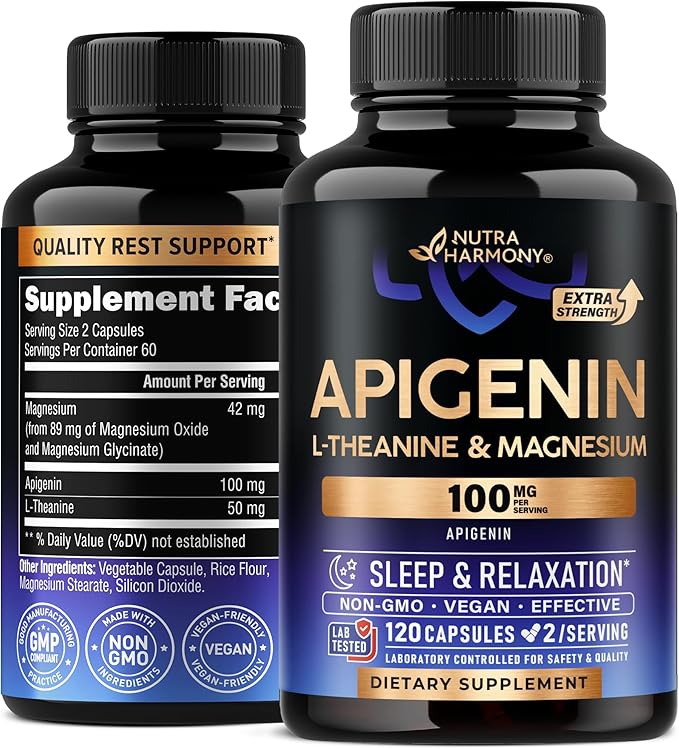 Apigenin 100mg - Apigenin Supplement for Sleep Support with L-Theanine & Magnesium - Sleep, Stress Relief & Relaxation Support for Adults - Naturally Derived from Chamomile - 120 Vegan Capsules