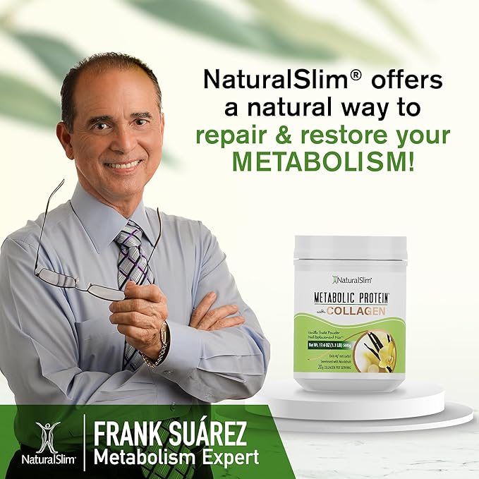 NaturalSlim Metabolic Protein Powder with Collagen Vanilla - Hydrolyzed Collagen Protein Powder for Hair, Skin, Bone, Joint, and Metabolism - Low Carb Meal Replacement Shake Mix - 17.6 oz