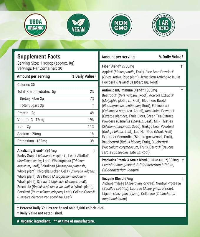 Super Greens Daily Greens Superfood Powder - Certified USDA Organic Green Powder w/20+ Whole Foods, Spirulina Powder, Wheat & Barley Grass - Probiotics, Fiber & Enzymes - Original Flavour, 30 Servings