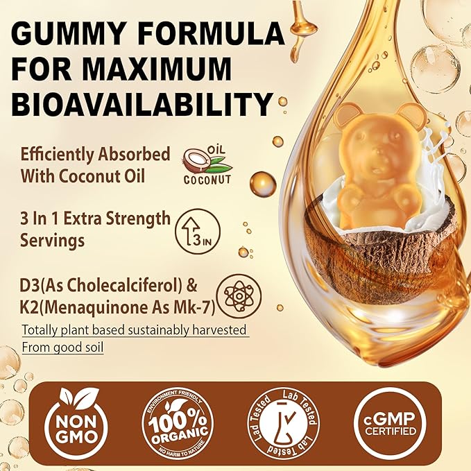 Vitamin D3 5000iu & K2( as MK7 ) 200mcg Gummies + 600mg Calcium, with Coconut Oil for High Absorption, Maximum Strength Vitamin D3 K2 Supplement - Support for Bones Muscle Teeth Immune, Vegan 2Packs