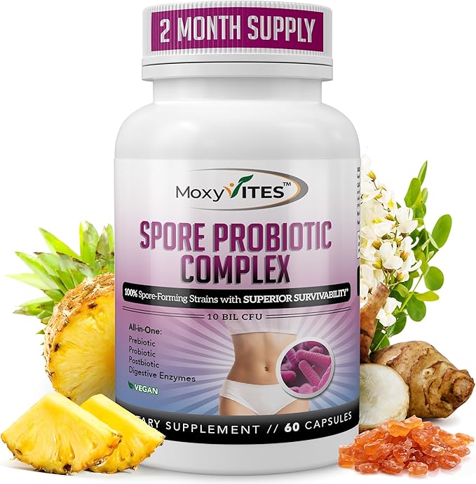 Spore Probiotic Complex - All In One Prebiotics and Probiotics for Digestive Health, Postbiotic, Digestive Enzymes Daily Supplement - Spore Based Probiotic for Women & Men