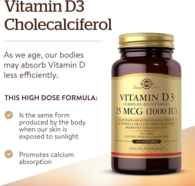 Solgar Vitamin D3 Cholecalciferol 25 MCG 1000 IU Softgels Helps Maintain Healthy Bones Teeth Immune System Support NonGMO Gluten Free Dairy Free Servings, Unflavored, 250 Count
