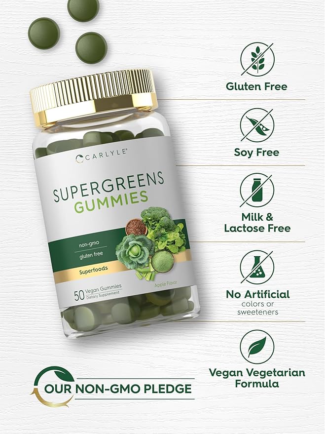 Carlyle Supergreens Gummies | 50 Count | Apple Flavor | Vegan, Non-GMO and Gluten Free Supplement