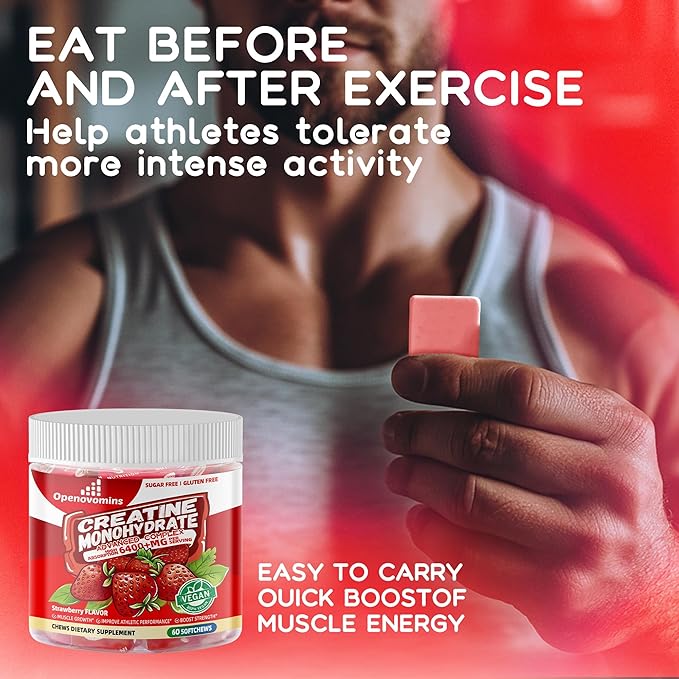 Creatine Monohydrate Soft Chews Complex 6400mg for Men & Women -Advanced Formula W/L-Taurine + Vitamin B12, Sugar Free Chewable Supplement,60 Strawberry Softchews