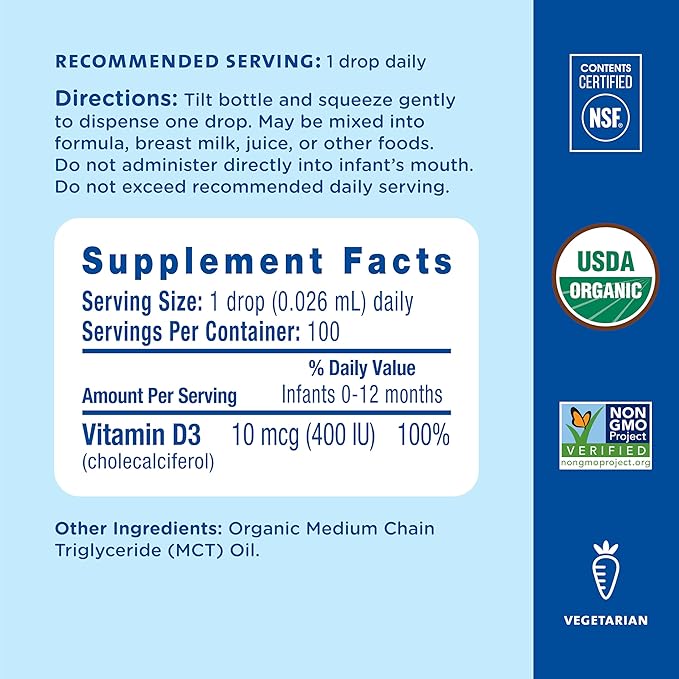 Mommy's Bliss Organic Baby Vitamin D Drops | Promotes Healthy Growth and Bone Development | Age Newborn+ | 0.11 Fl Oz (100 Servings)