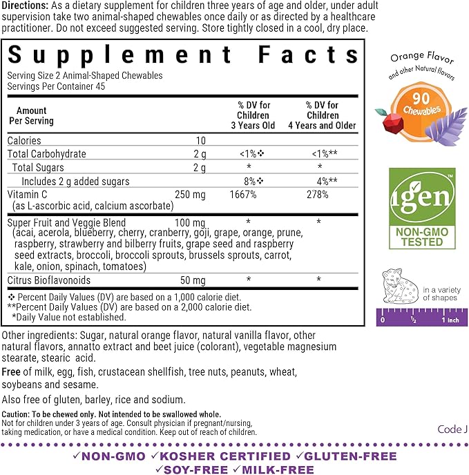 Bluebonnet Nutrition Rainforest Animalz Vitamin C Animal Shape Chewable Tablets, 250mg of Vitamin C, Soy-Free, Gluten-Free, Kosher Certified, Dairy-Free, Vegan, 90 Tablets, 45 Servings, Orange Flavor
