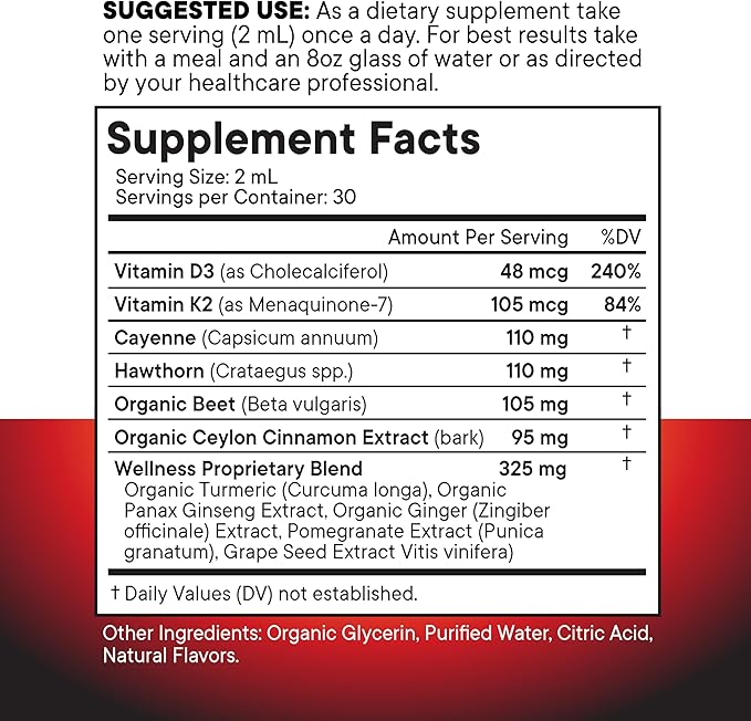 Cayenne Pepper Supplement Liquid Drops + Hawthorn Berry, Vitamin D3 K2 Beet Root Powder, Ceylon Cinnamon, Turmeric Curcumin, Organic Panax Ginseng - 2oz