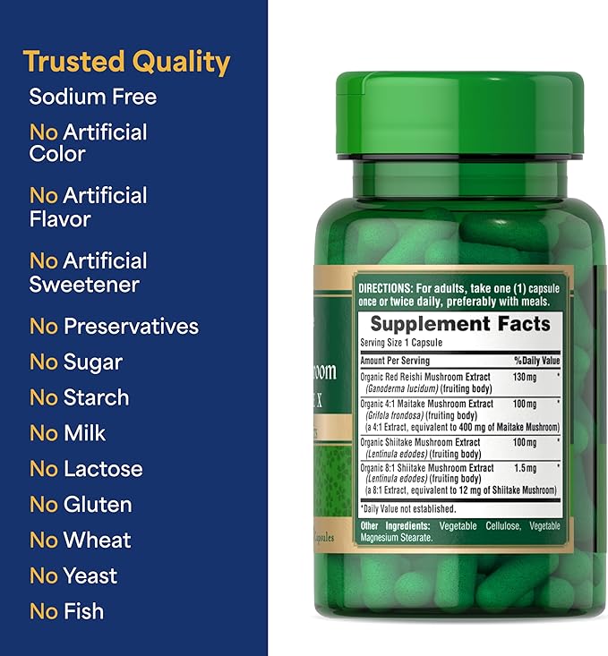 Puritan's Pride Triple Mushroom Complex, Reishi, Maitake & Shiitake Extracts, Organic Mushroom Extracts, 60 Vegetarian Capsules 2-Pack - 120 Capsules