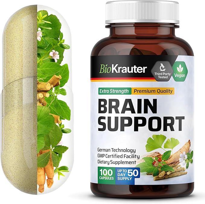 BIO KRAUTER Brain Support Supplement - 100 Count - 1300 mg Blend of Ashwagandha, Panax Ginseng and Ginkgo Biloba - Vegan, No Fillers