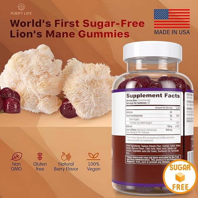 Purify Life Sugar Free Lions Mane Supplement Gummies - Nootropic Supplement for Cognition, Brain Power, and Stress Response - Natural Berry Flavor - 60ct