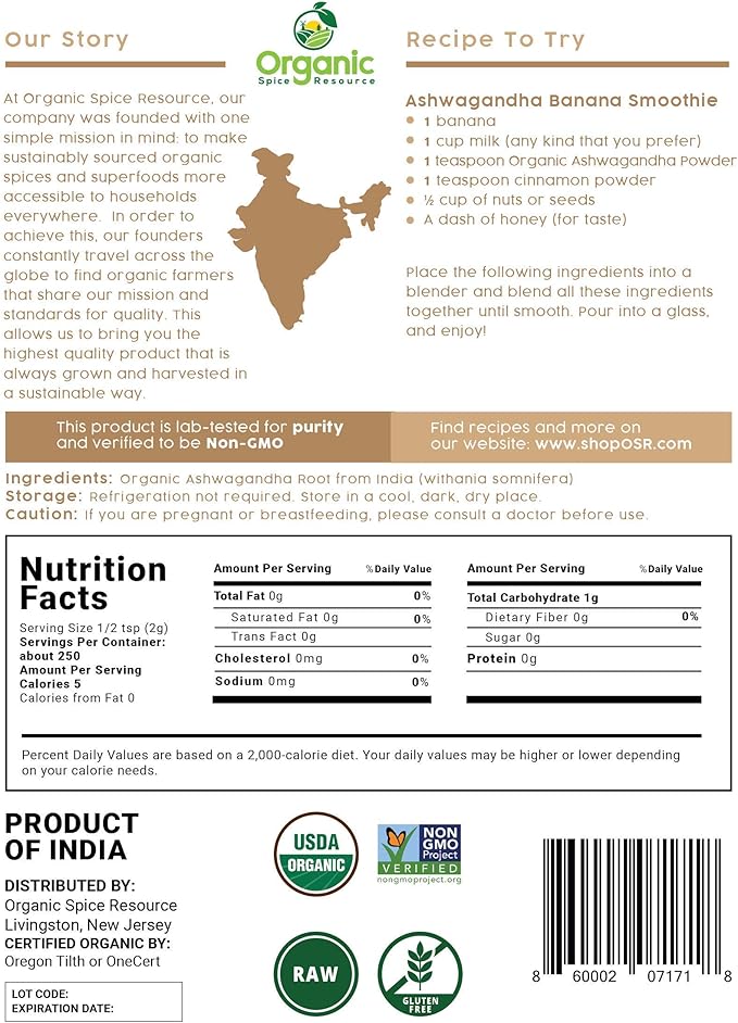 Organic Ashwagandha Root Powder - 1.10 lbs (17.64 oz) | Resealable Kraft Bag,Non-GMO, Indian Ginseng, Withania Somnifera -100% Raw from India, by SHOPOSR
