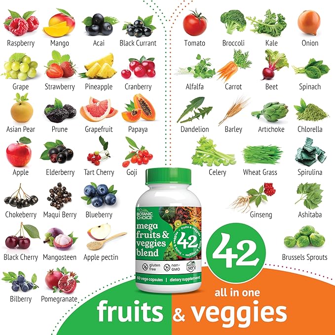Botanic Choice Mega Fruits and Veggies Blend - 42 Fruit & Vegetable Superfood Capsules - Elderberry, Chlorella, Kale - Supplements - 60 Capsules