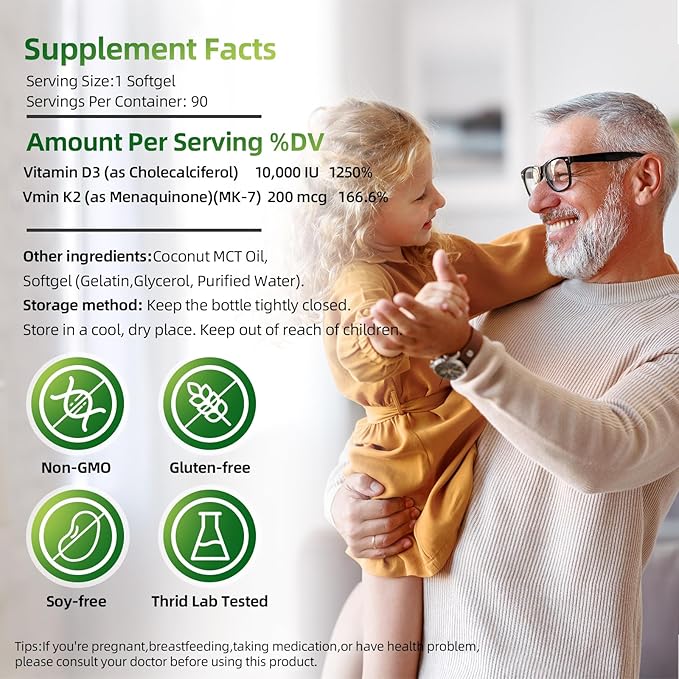 Vitamin D3 K2 Softgels, Vitamin D3 10000 IU with K2 (MK-7) 200 mcg with Coconut Oil Softgels, Supports Calcium Absorption, Bone, Immune and Heart Health - 90 Counts * 2 Packs