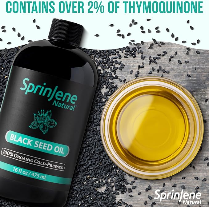 SprinJene Naturalยฎ 100% Pure Organic Black Seed Oil Cold Pressed for Oral Wellness, Nigella Sativa Black Seed Oil, Black Cumin Seed Oil Organic, Omega 3 6 9, Nourishes Skin, Supports Joint, 16 fl oz