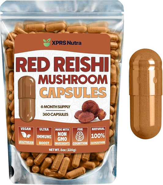 Reishi Mushroom Capsules - 360 Count Red Reishi Mushroom Capsules - 6 Month Supply Real Mushrooms Reishi Supplement Pills for Cognitive and Immune Boost - Mushroom Reishi Hongo Reishi Organico
