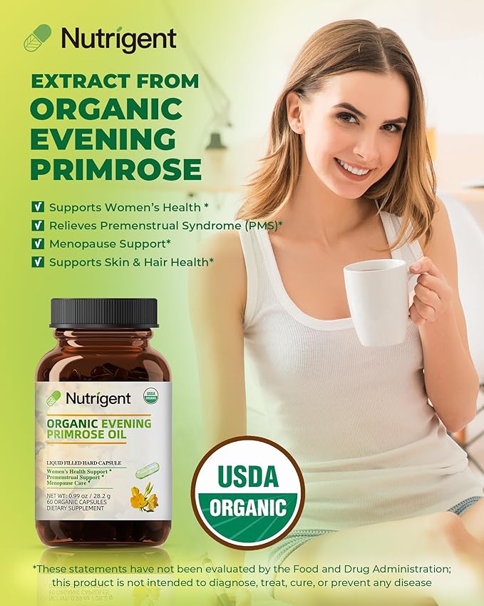 Organic Evening Primrose Oil Supplement, 940 mg 100% Pure with 10% GLA, High Absorption Liquid Organic Capsules, Promotes Women's Health & Skin Health, Cold Pressed, 60 Count