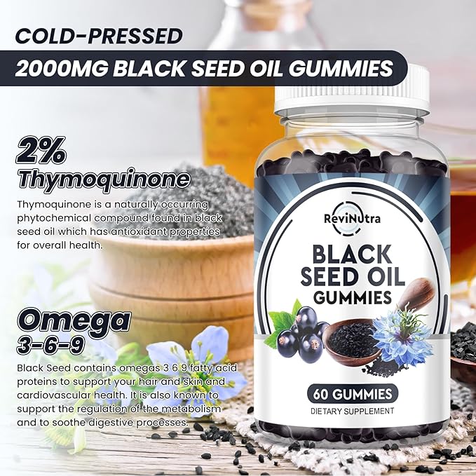 Black Seed Oil Gummies-Organic Cold Pressed Nigella Sativa Black Seed Oil with Honey, Vitamin B6, C, D3, Turmeric, Pomegranate, Support Immunity, Digestion, Brain Function, Hair & Skin-60 Gummies