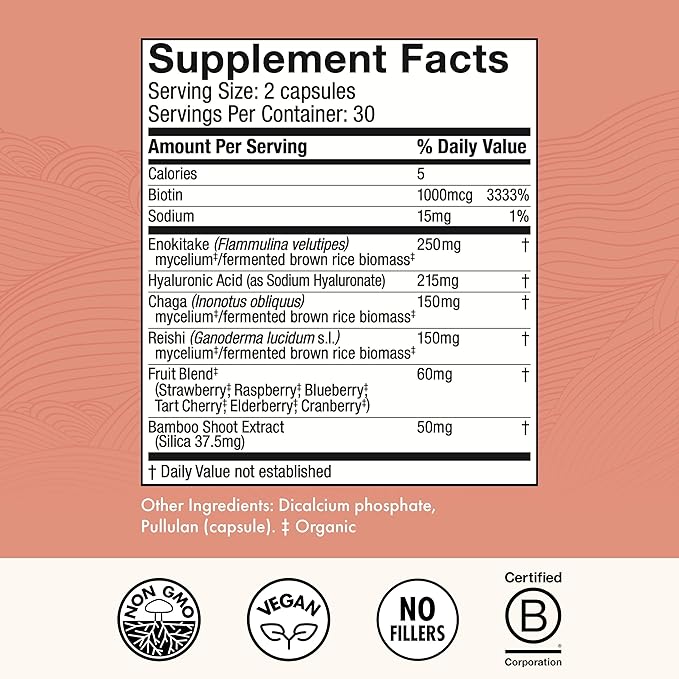 Host Defense MycoBenefits Beauty Capsules - Supplement for Healthy Hair & Nail Strength - Skin Elasticity & Health Aid - Mushroom Supplement with Biotin & Hyaluronic Acid - 60 Capsules (30 Servings)