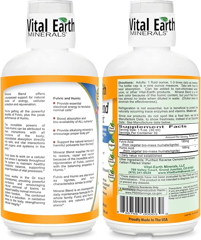 Vital Earth Minerals Fulvic Humic Mineral Blend Liquid 3-Pack – Fulvic Acid Supplement with 70+ Trace Minerals, Electrolytes for Recovery, Balance & Energy, 32 Oz Ea + 1 Oz Cup Ea