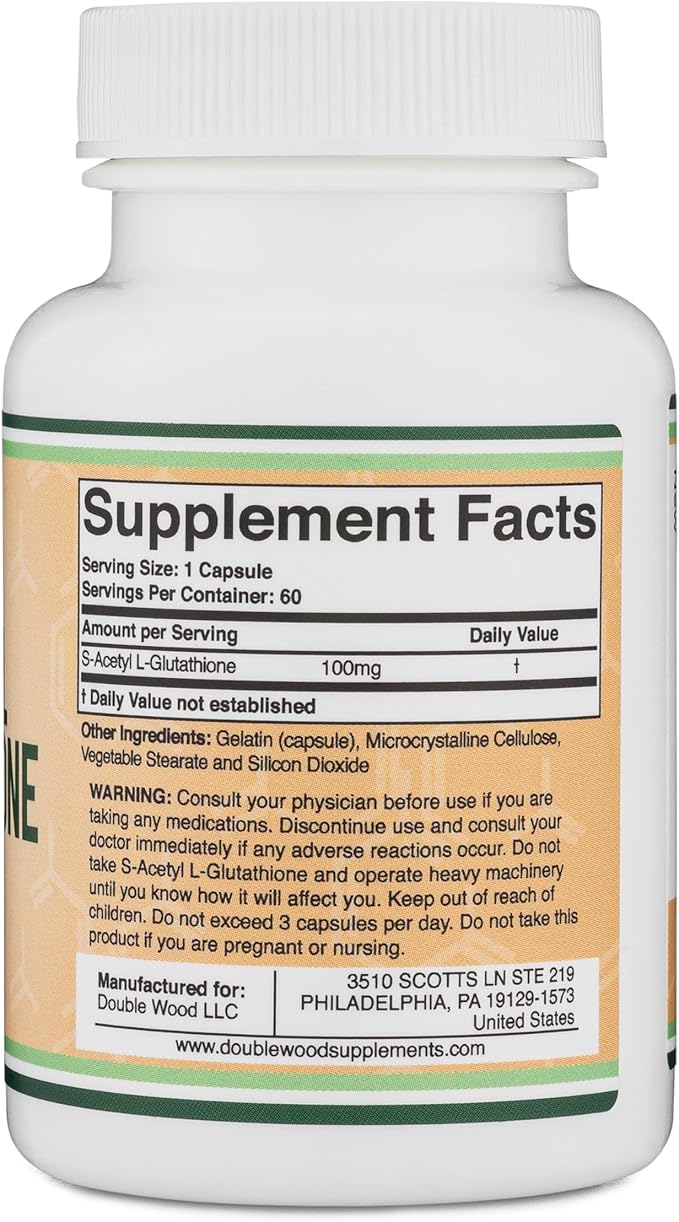 S-Acetyl L-Glutathione Capsules - 100mg, 60 Count (Acetylated Glutathione Antioxidant - More Absorbable Than Glutathione and Liposomal Glutathione, Non-GMO and Gluten Free) by Double Wood