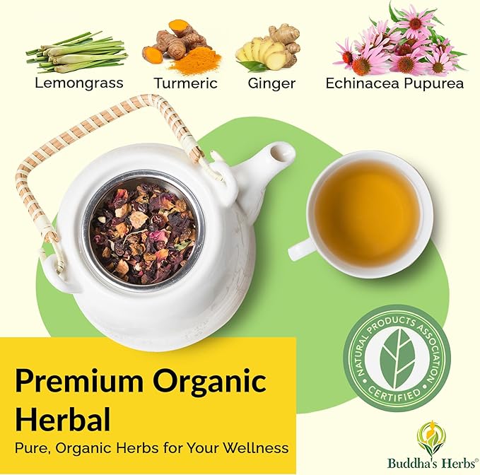 Buddha's Herbs Organic Echinacea Herbal Tea Supplement, Immune Support Supplement with Zinc, Turmeric, Ginger & Lemongrass (2 Pack, 44 Tea Bags)