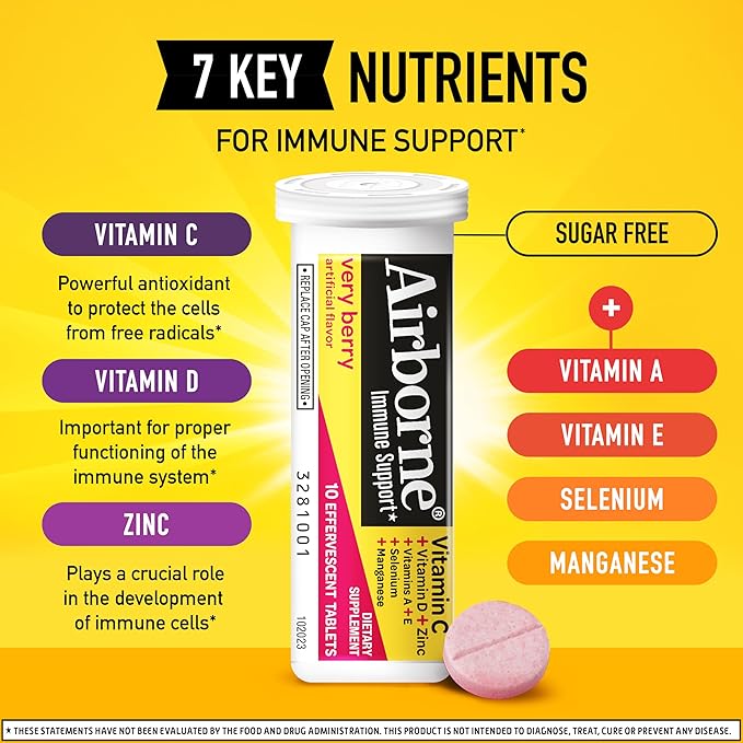 Airborne 1000mg Vitamin C with Vitamin D & Zinc, Sugar Free Multivitamin Immune Support Supplement, Antioxidants Vitamins A C & Vitamin E, 30 Effervescent Tablets, Very Berry Flavor