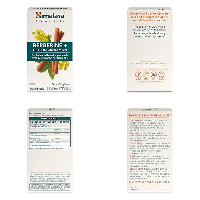 Himalaya Berberine + Ceylon Cinnamon from Indian Barberry Root, Includes Chromium, for Gastrointestinal, and Daily Metabolism Support, Vegan, Gluten Free, Herbal Supplement, 60 Capsules