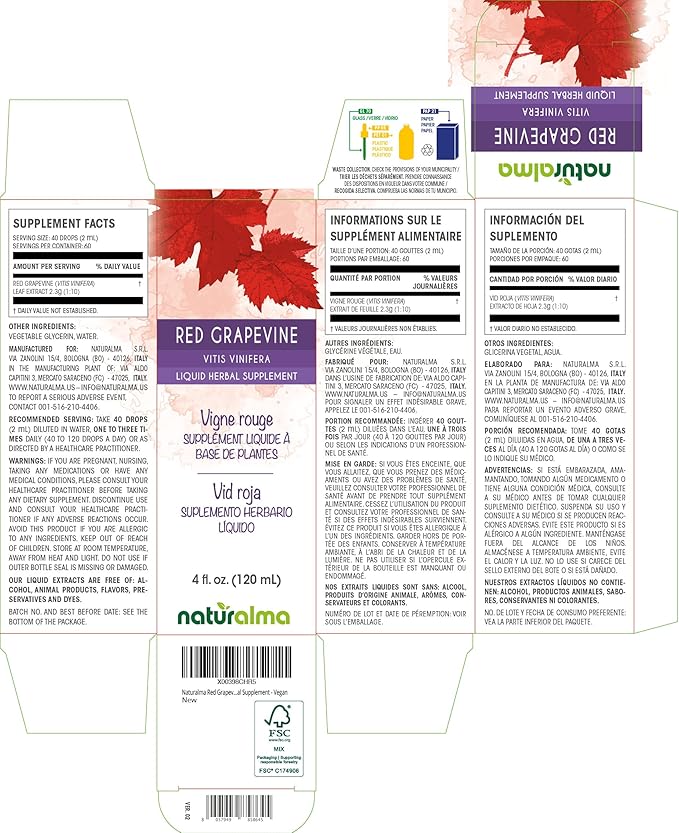 Naturalma Red Grapevine (Vitis vinifera) Leaf Alcohol-Free Tincture - 4 fl oz Liquid Extract in Drops - Herbal Supplement - Vegan